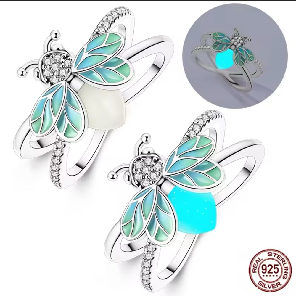 NEW gorgeous Luminous 925 silver Firefly ring Glow-in-the-Dark Sz 6 7 8 U CHOOSE